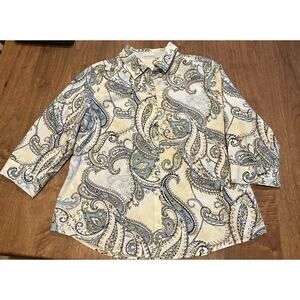 Chico’s Paisley Button Front Shirt Women’s Size 2 Large Blue Green No Iron
